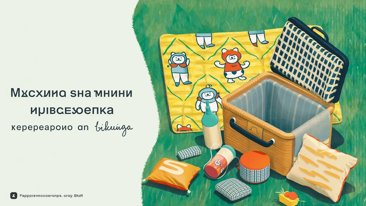 Illustrazione di una scena di pic-nic all'aperto con accessori per il campo